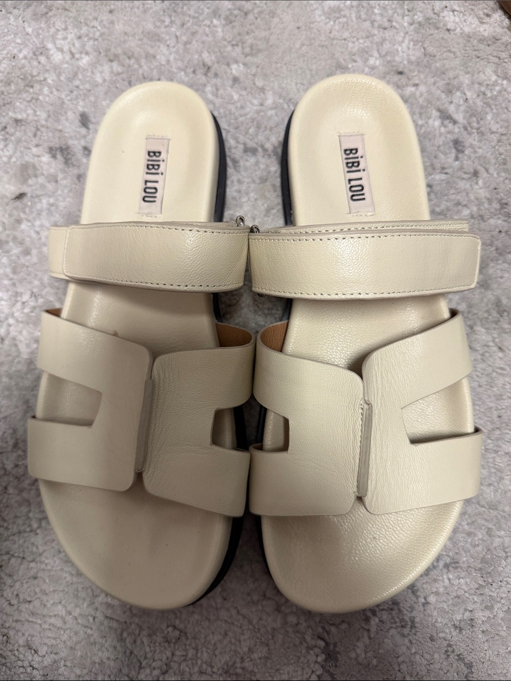 Bibi Lou Cream Leather Slide Sandals with Adjustable Strap
